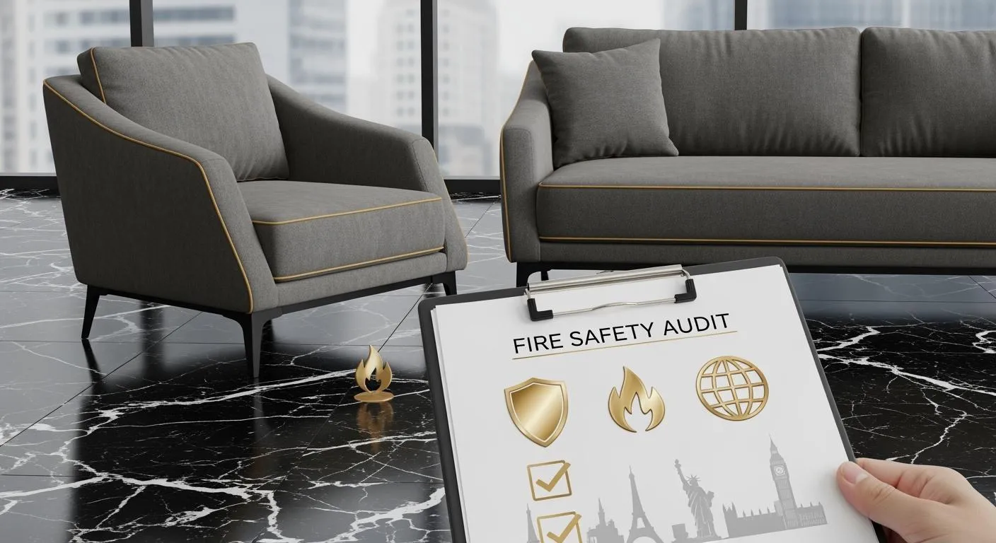 Illustration of upholstered chairs and a fire-safety checklist