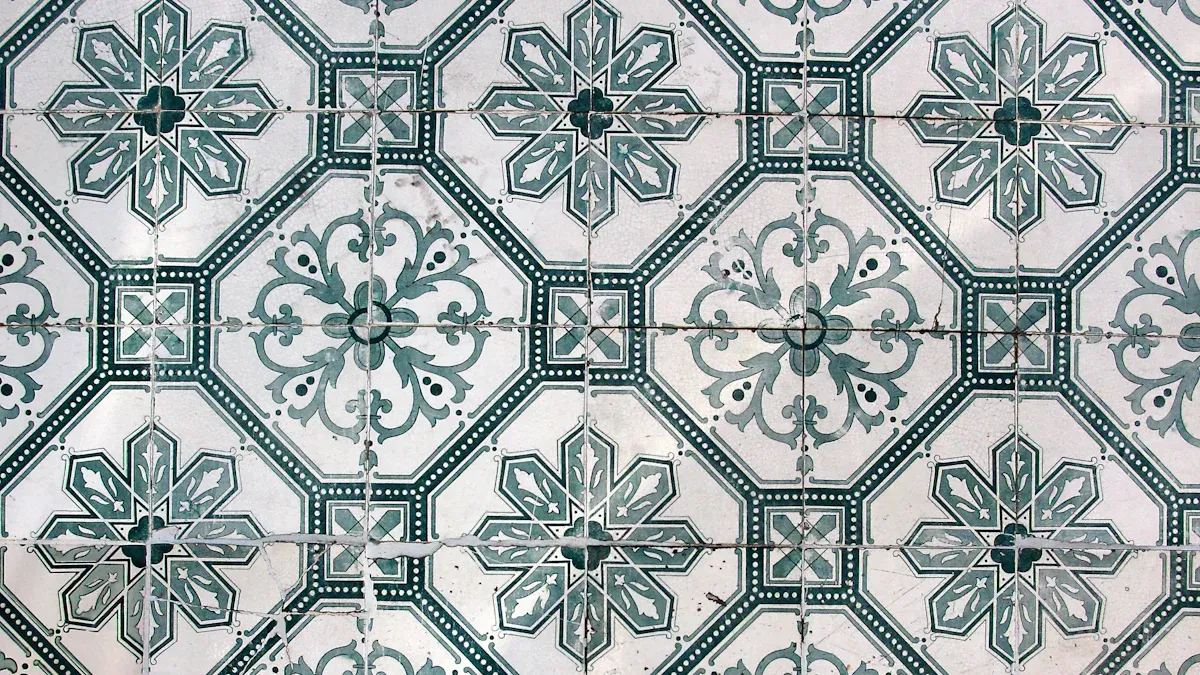Decorative green-and-white patterned tiles