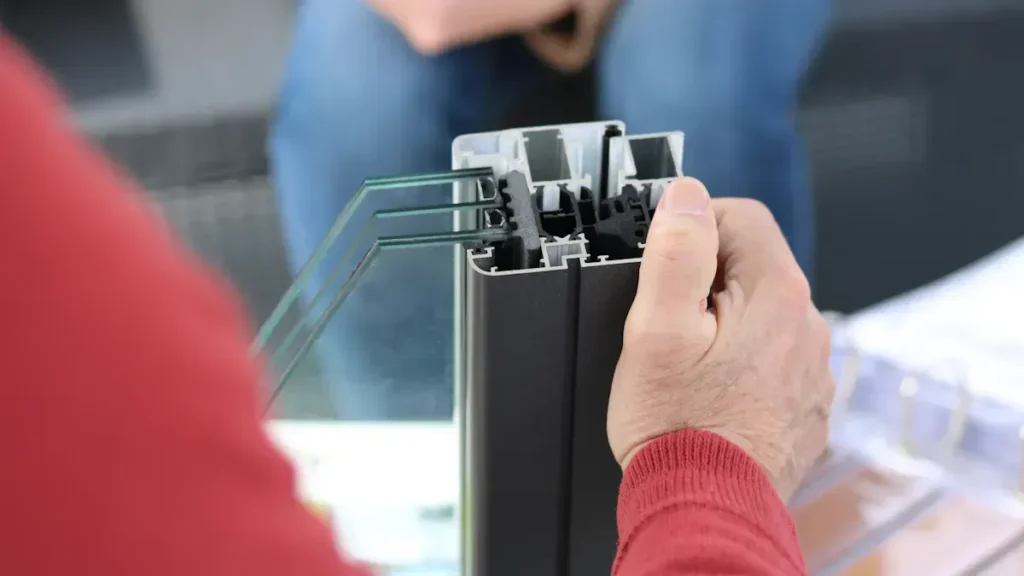 Person holding a glazed aluminum frame profile sample