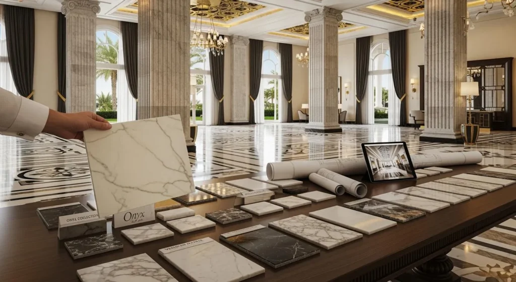 Person comparing pale stone samples in an ornate interior