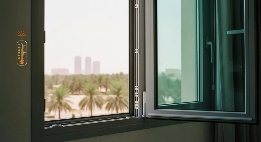 Open dark green casement window overlooking a garden