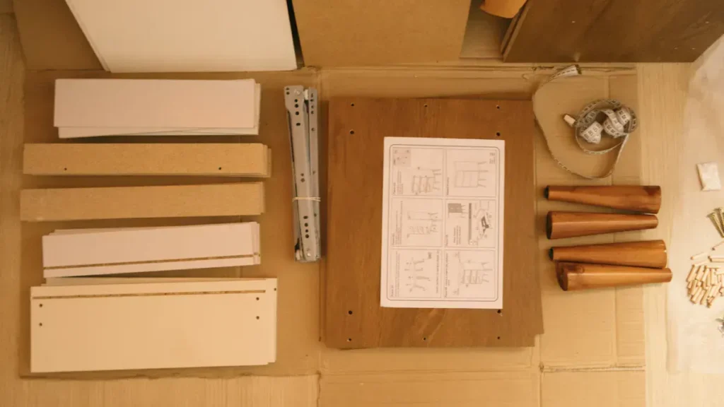 Furniture components and instructions arranged in packaging