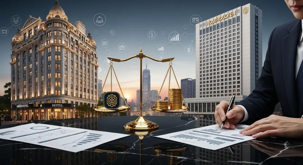 Illustration of hotel buildings and procurement paperwork
