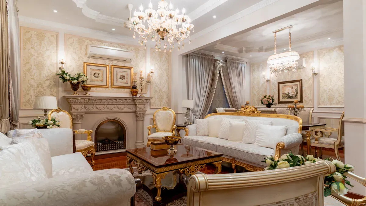 Ornate bedroom with pale furniture and chandeliers