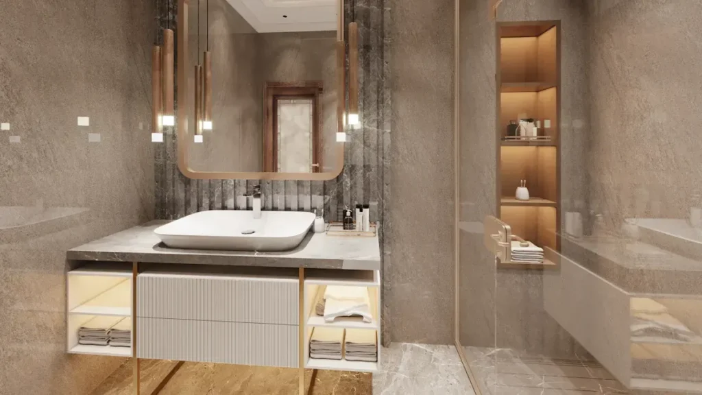Luxury bathroom vanity with stone finishes and recessed shelving