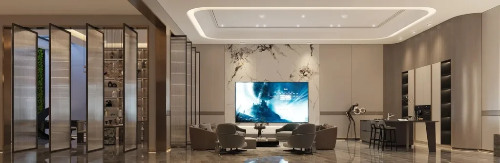 Large living room with pale stone flooring and glazed doors