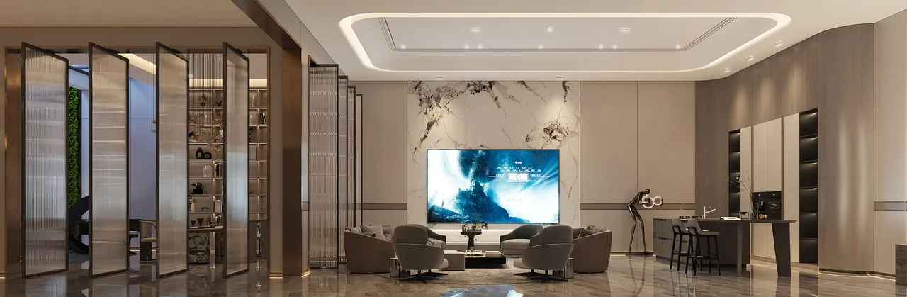 Large living room with pale stone flooring and glazed doors