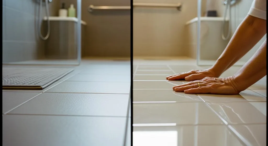 Hand comparing matte and glossy floor tile surfaces
