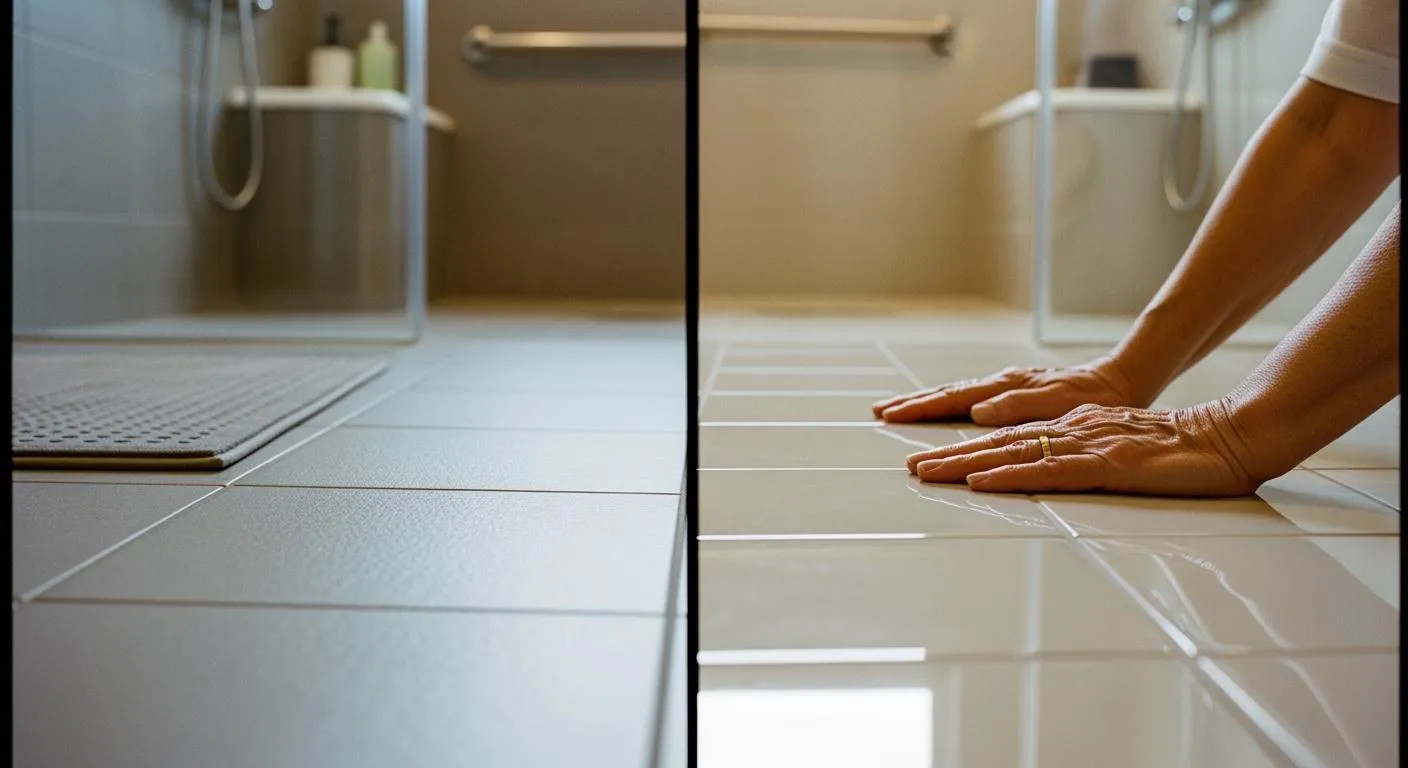 Hand comparing matte and glossy floor tile surfaces