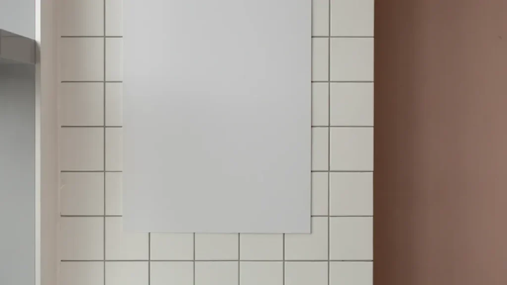 Minimal bathroom mirror mounted against tiled walls
