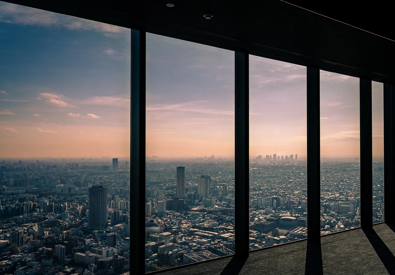 Narrow dark window frames overlooking a city at sunset