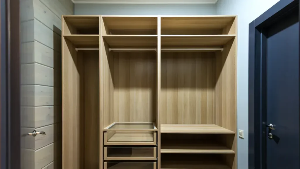 Open wardrobe with hanging rails, drawers and shelves