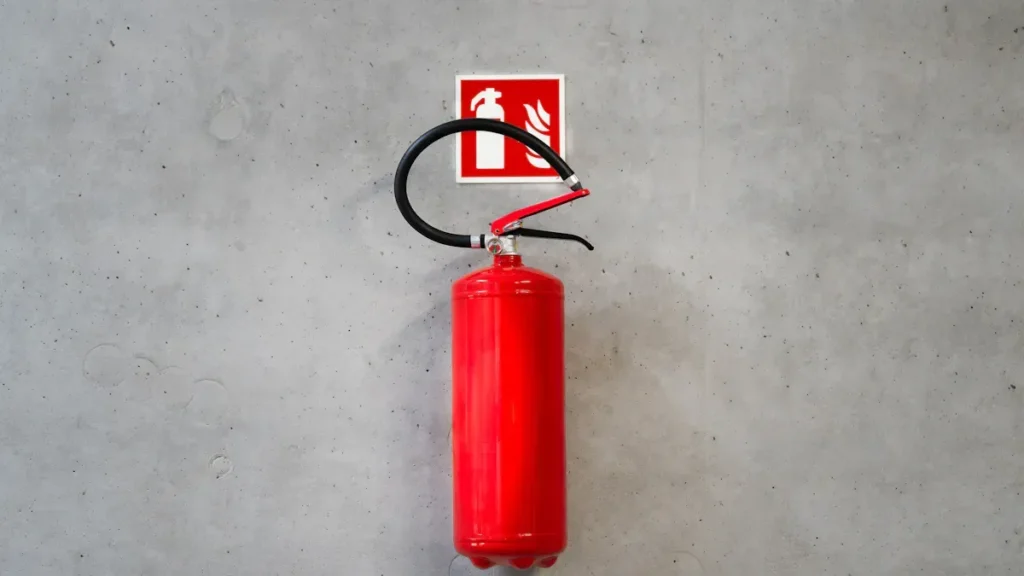 Red fire extinguisher mounted on a concrete wall