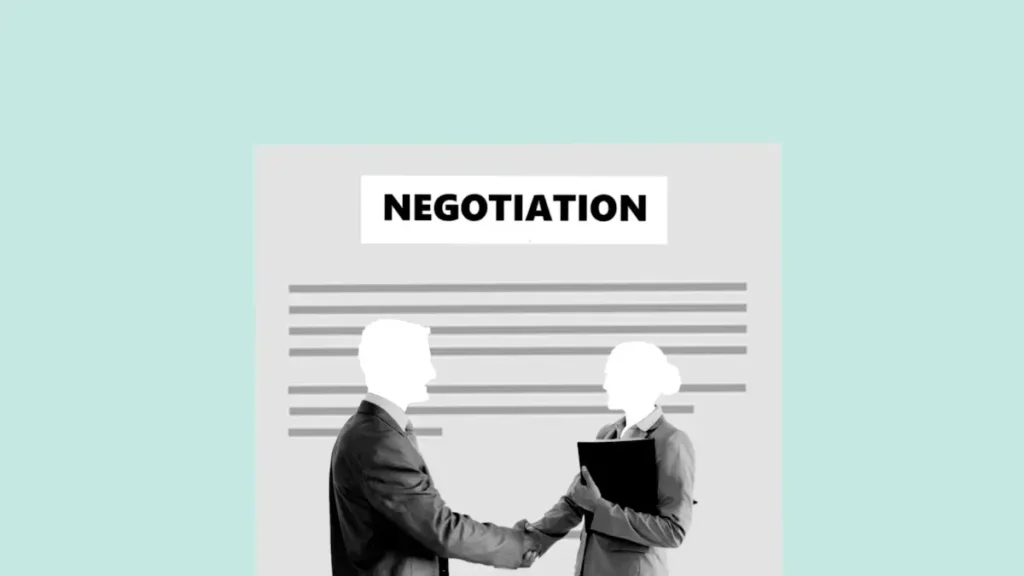 Negotiation illustration with two figures shaking hands