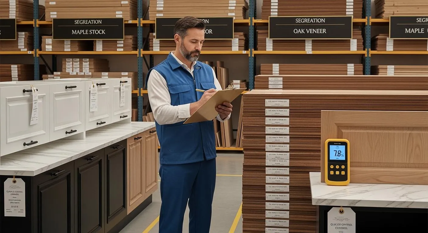 Person checking cabinet finish samples in a showroom