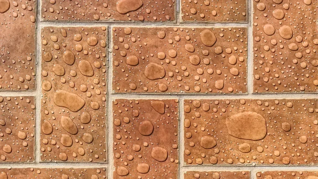 Water droplets on terracotta colored tiles