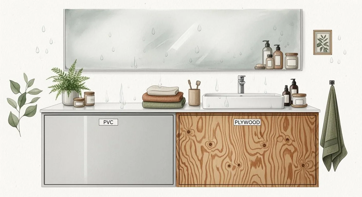 Side-by-side illustration of bathroom cabinet materials