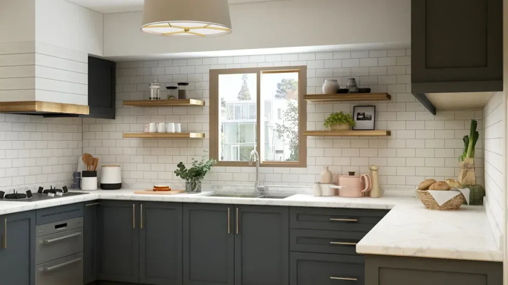 Kitchen with dark base cabinets and light wall finishes