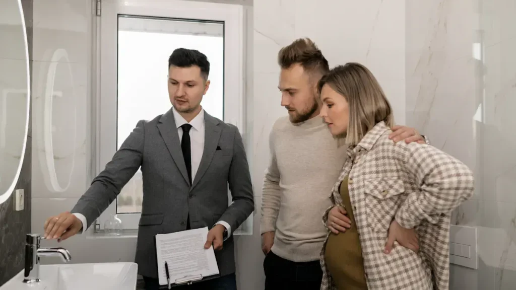 Sales representative showing clients a bathroom fixture