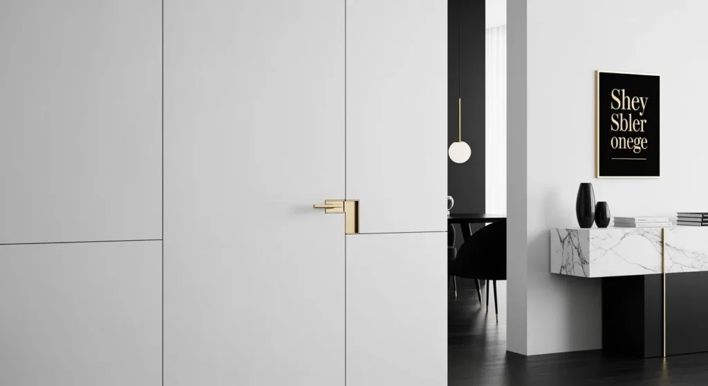 White interior doors opening into a dark bathroom