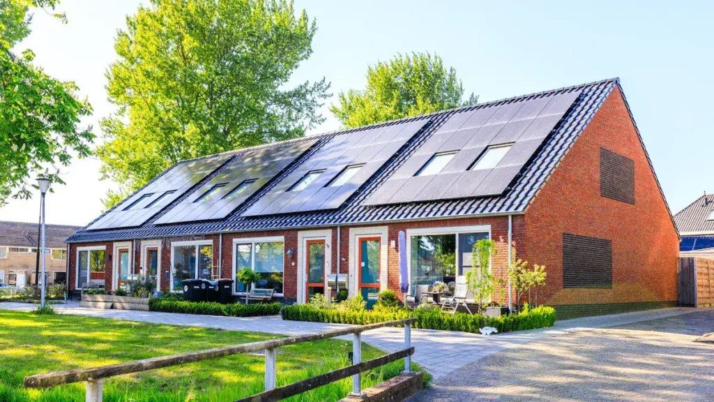 Row of homes with roof mounted solar panels