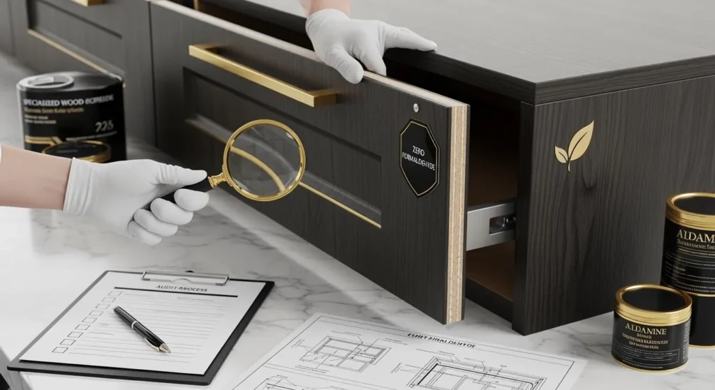 Gloved hands inspecting a cabinet panel beside drawings