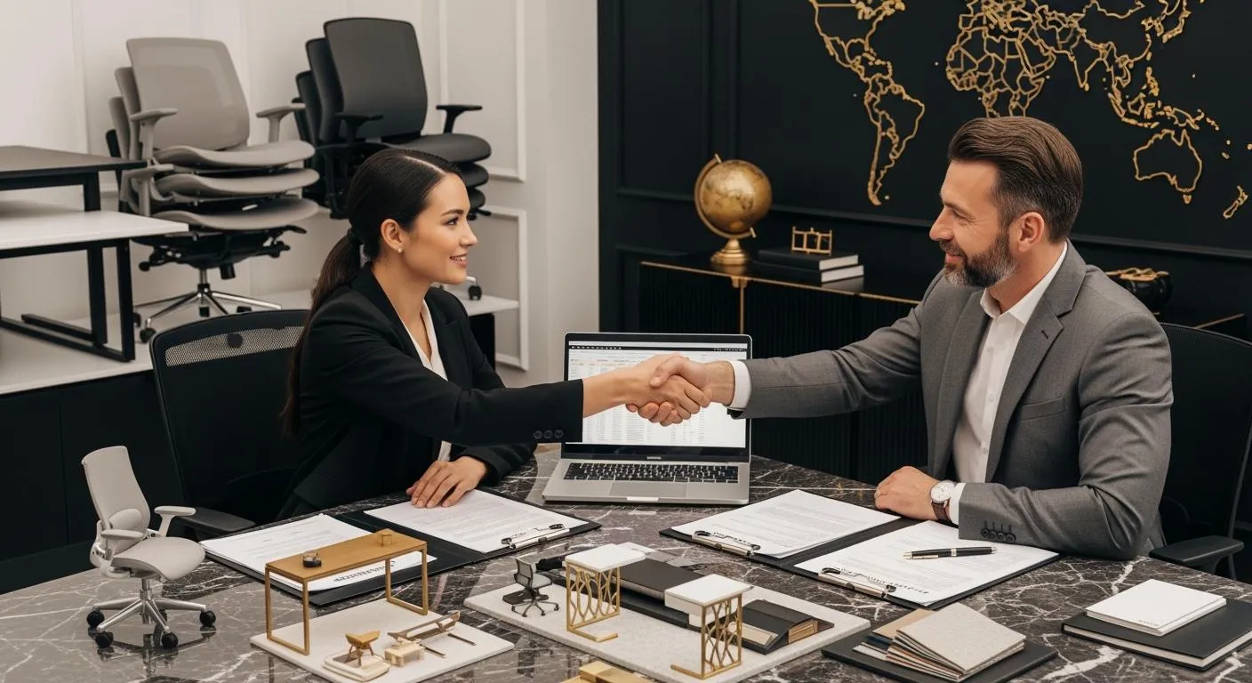 Two people discussing furniture samples at a meeting table