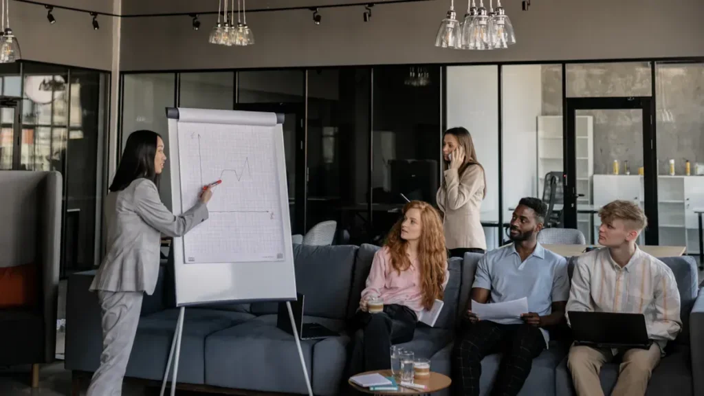 Team discussing a presentation beside a flip chart