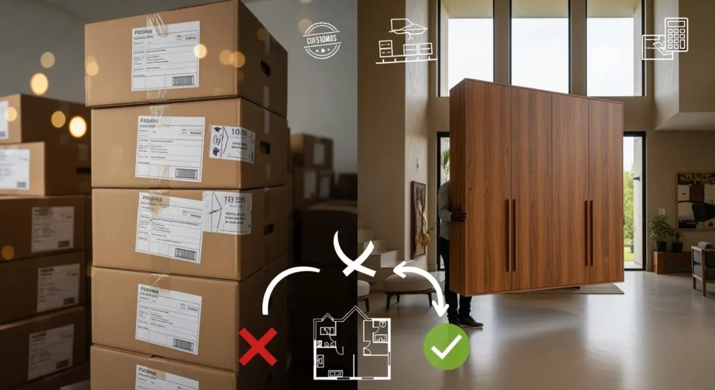 Illustration of packaged cabinet parts and installation hardware