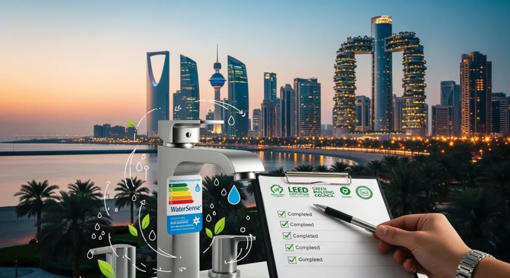 Illustration of water fixtures and documentation in front of a city skyline