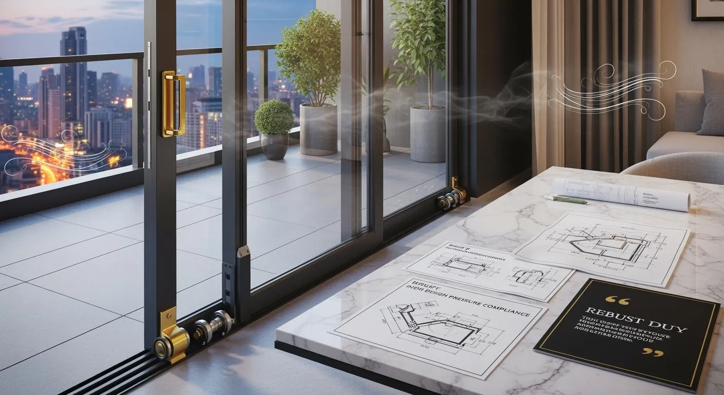 Sliding glass doors beside drawings of door hardware