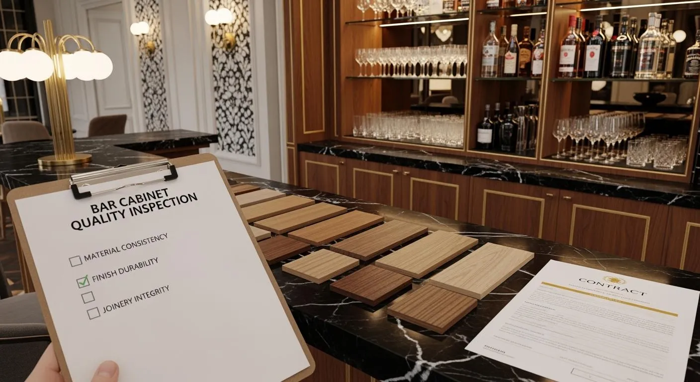 Cabinet finish samples arranged on a wooden bar counter