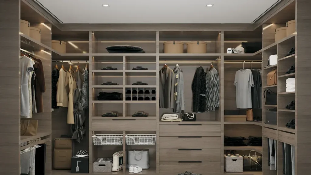 Walk in closet with open shelves, hanging rails and integrated lighting