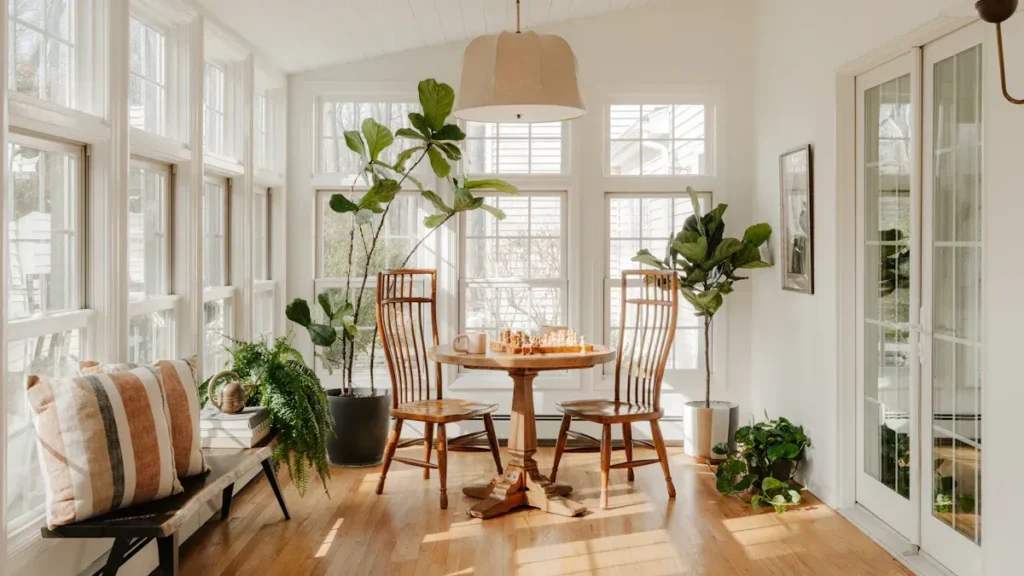 Bright sunroom with large windows and a dining table