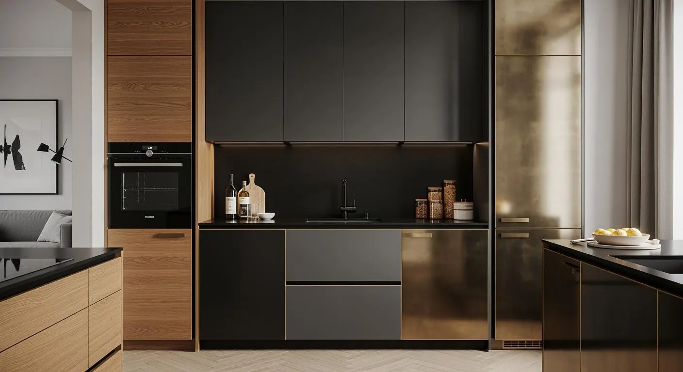 Kitchen with dark upper cabinets and wooden lower cabinets