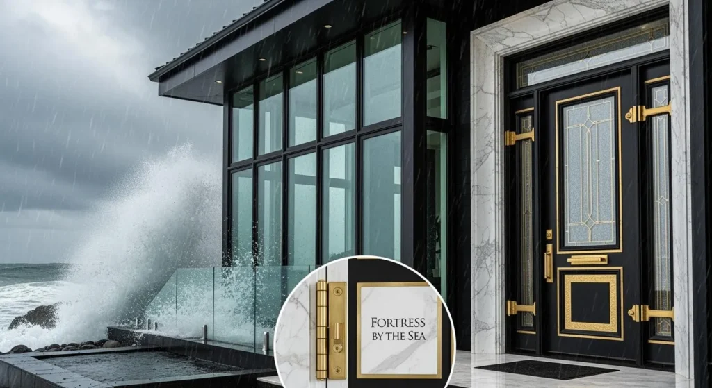 Illustration of windows and an entrance door exposed to a large wave