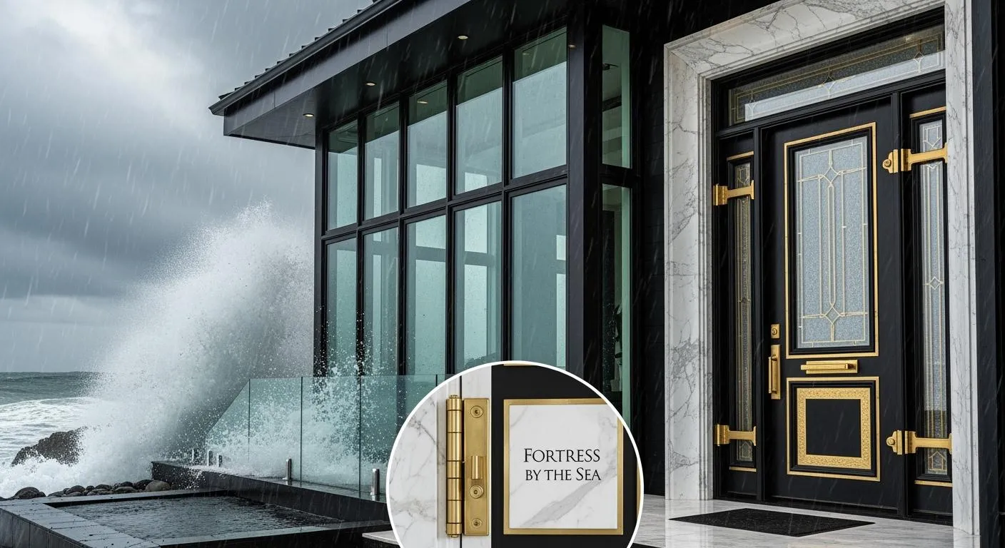 Illustration of windows and an entrance door exposed to a large wave