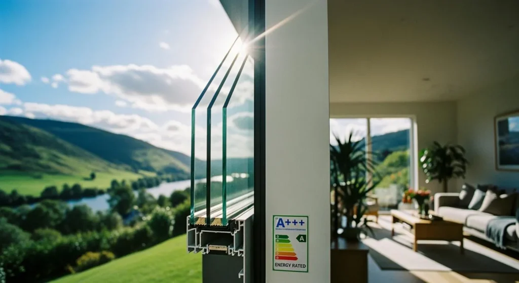Illustration of multi-pane glazing beside a bright living room