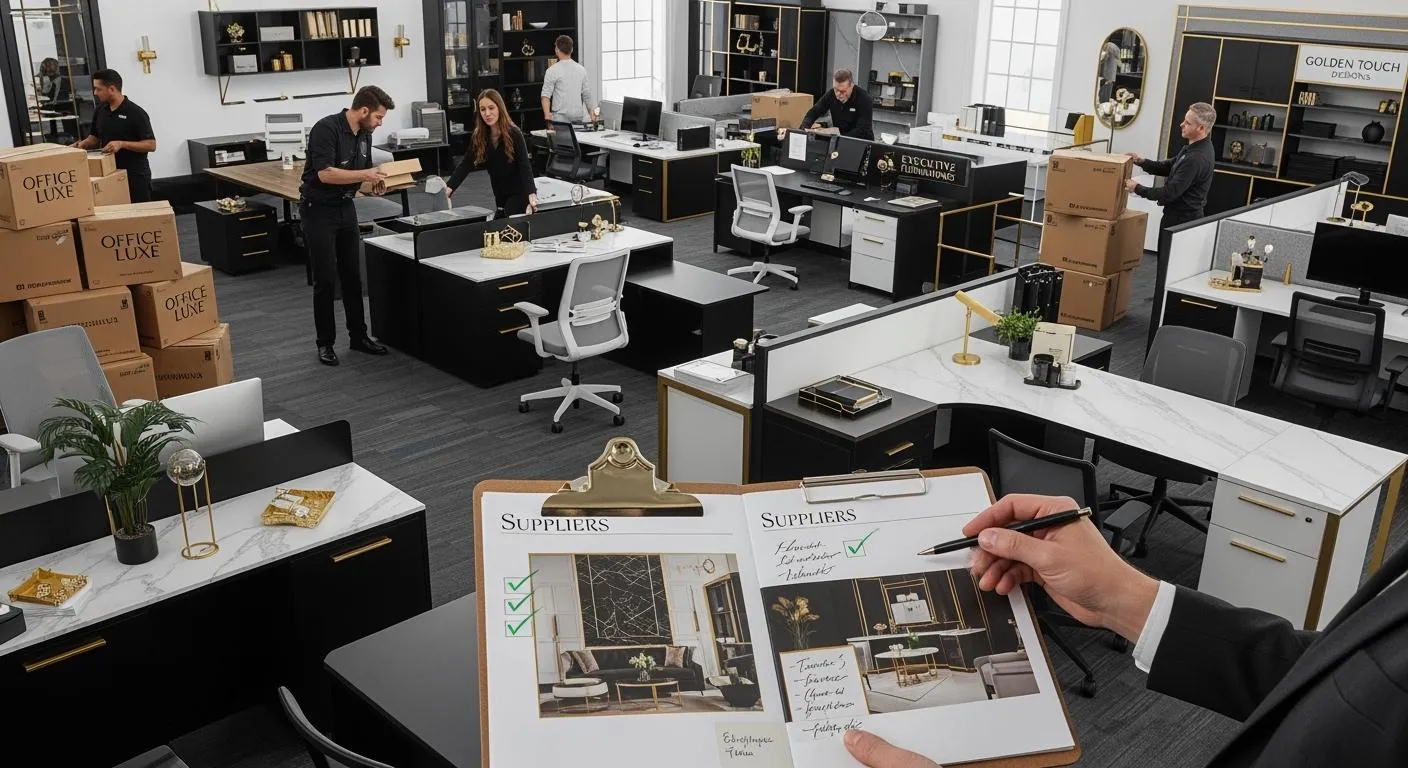 Office furniture showroom with a person reviewing a supplier brochure