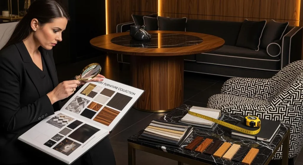 Person comparing upholstery samples beside furniture
