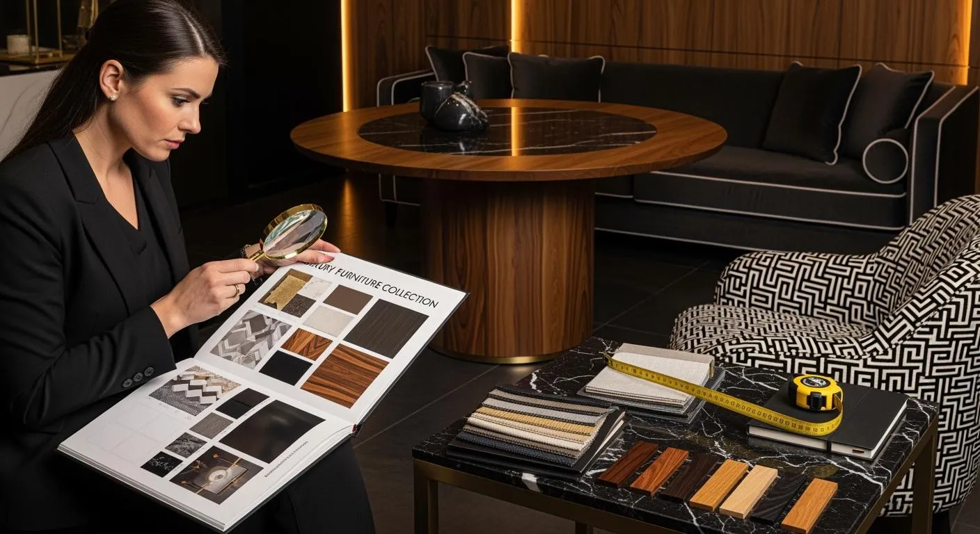 Person comparing upholstery samples beside furniture