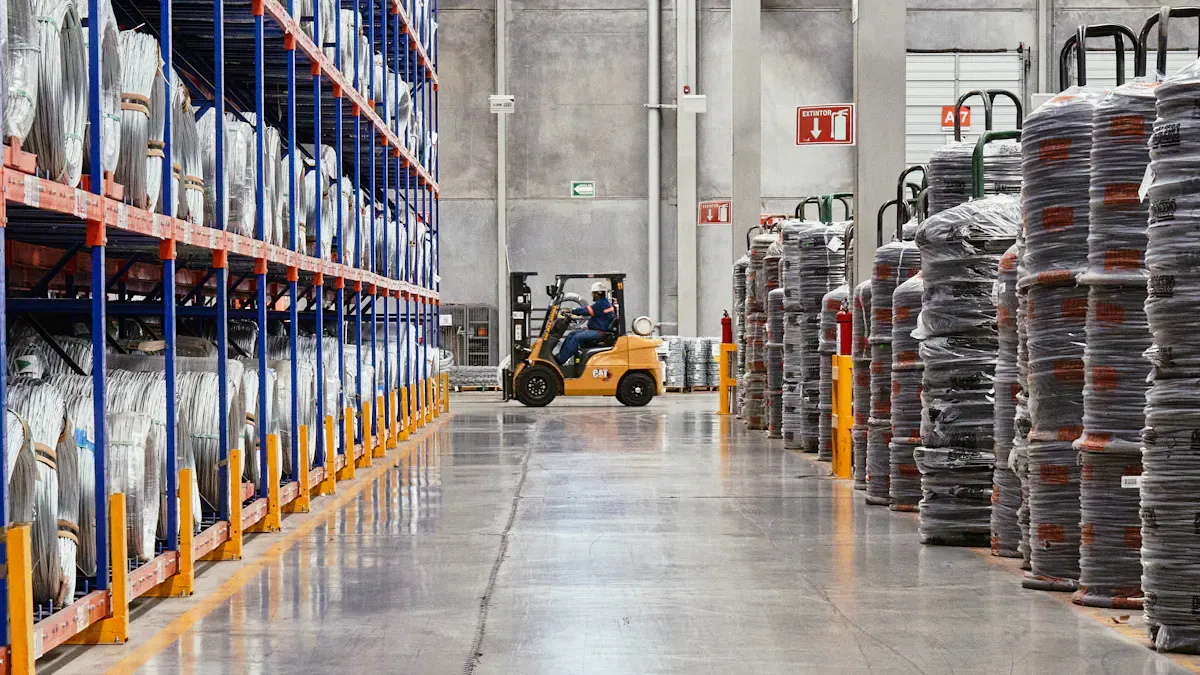 Warehouse storage racks and stacks of packaged goods
