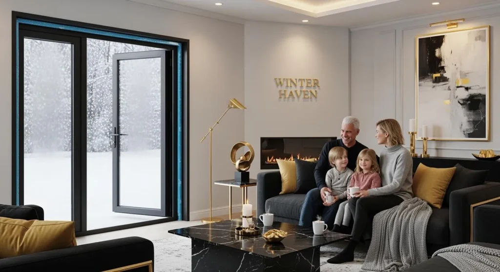 Family seated beside a large dark-framed window