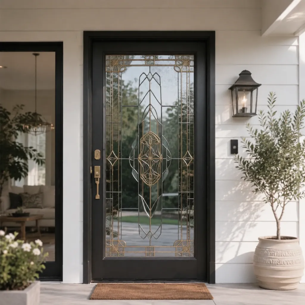 Gray-framed entry door with decorative glass