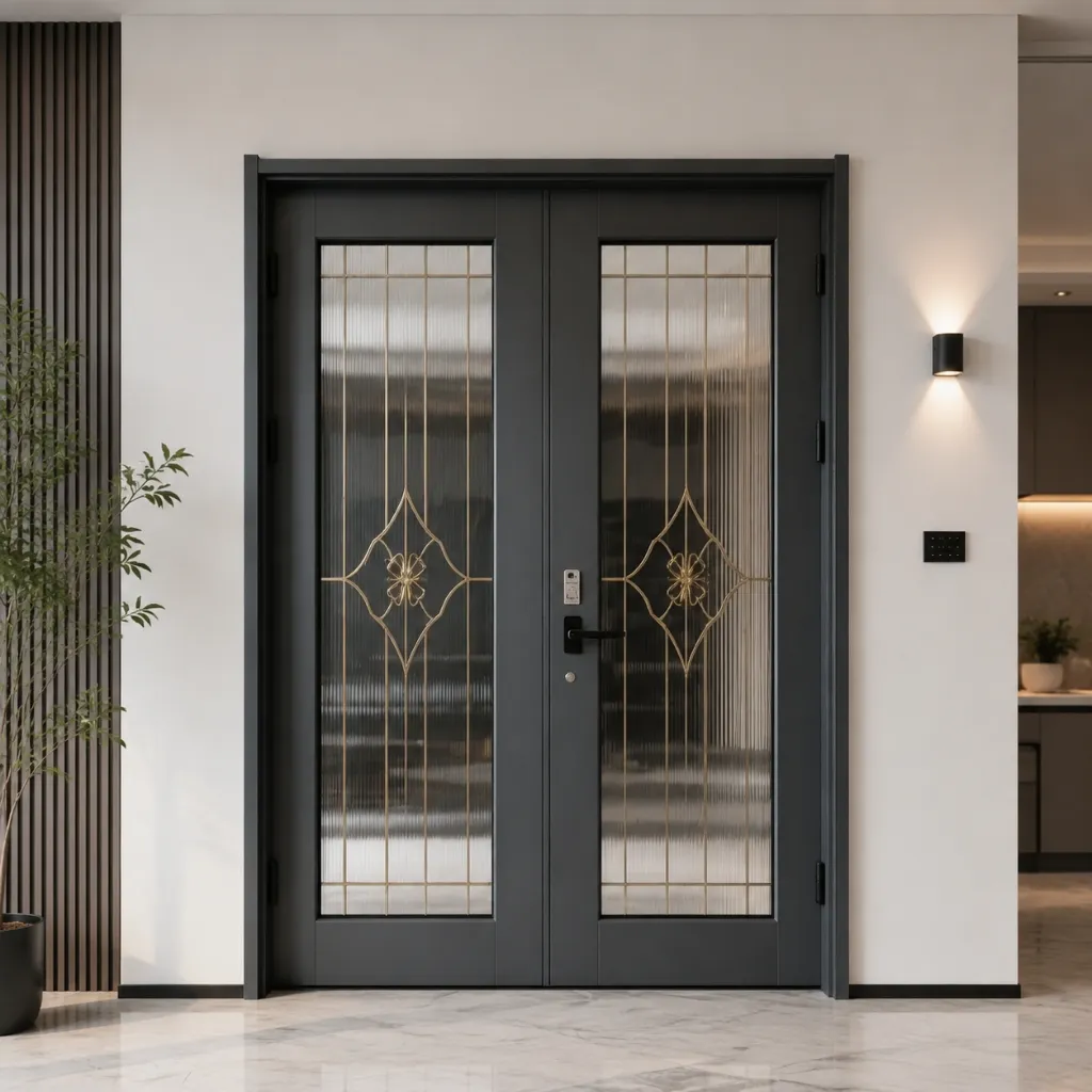 Dark double entry doors with glass panels