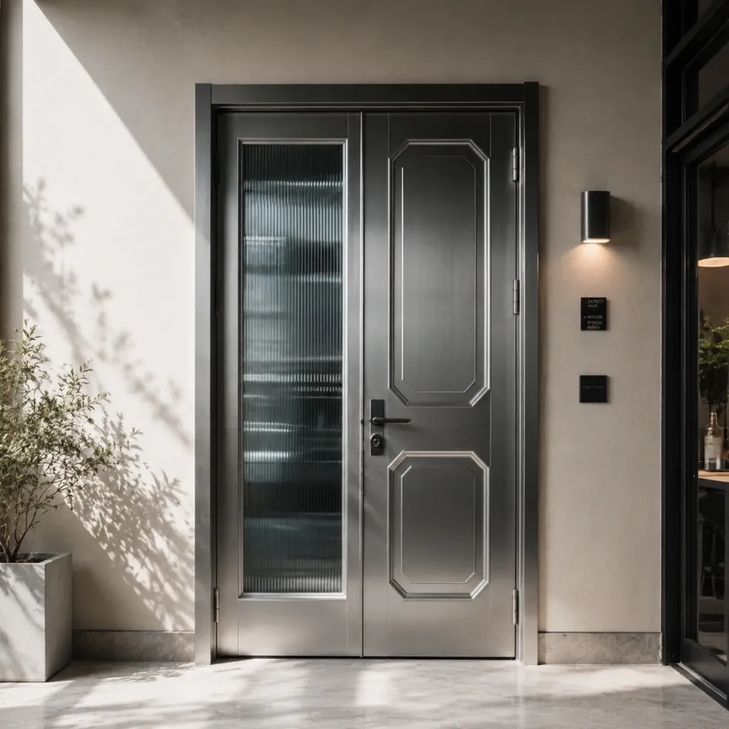Gray metal entry door with a vertical glass panel