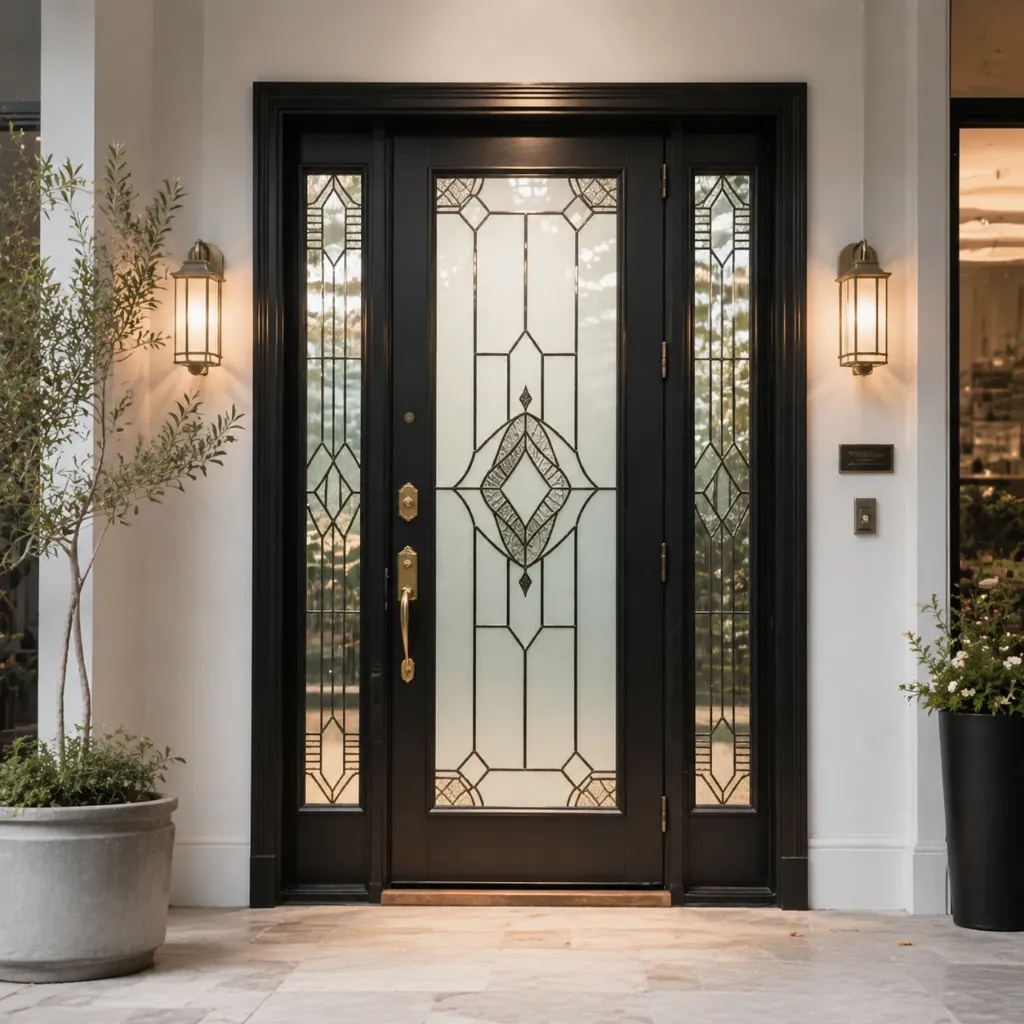 Black double entry doors with decorative glazing