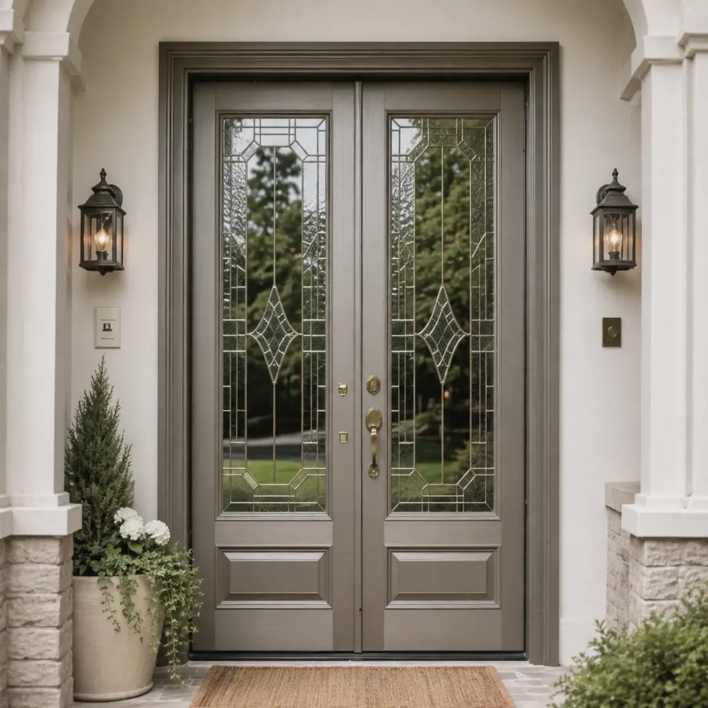 Gray double entry doors with decorative glass