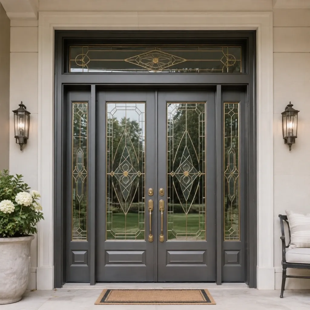 Gray glazed entry doors with a transom