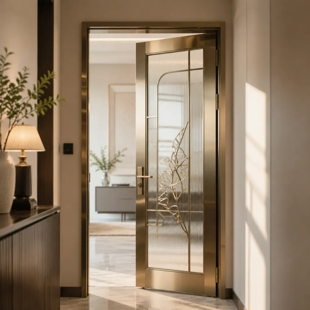 Decorative glazed metal entry door viewed from indoors